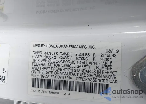 2019 Honda Accord Sport from USA, damaged, VIN 1HGCV1F3XKA168216